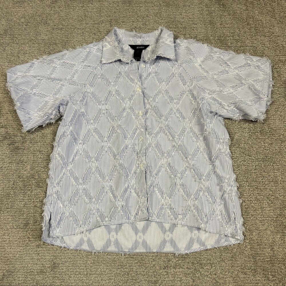 Ali Miles Shirt Womens Petite Medium Frayed Textured Blouse Button Front Blue
